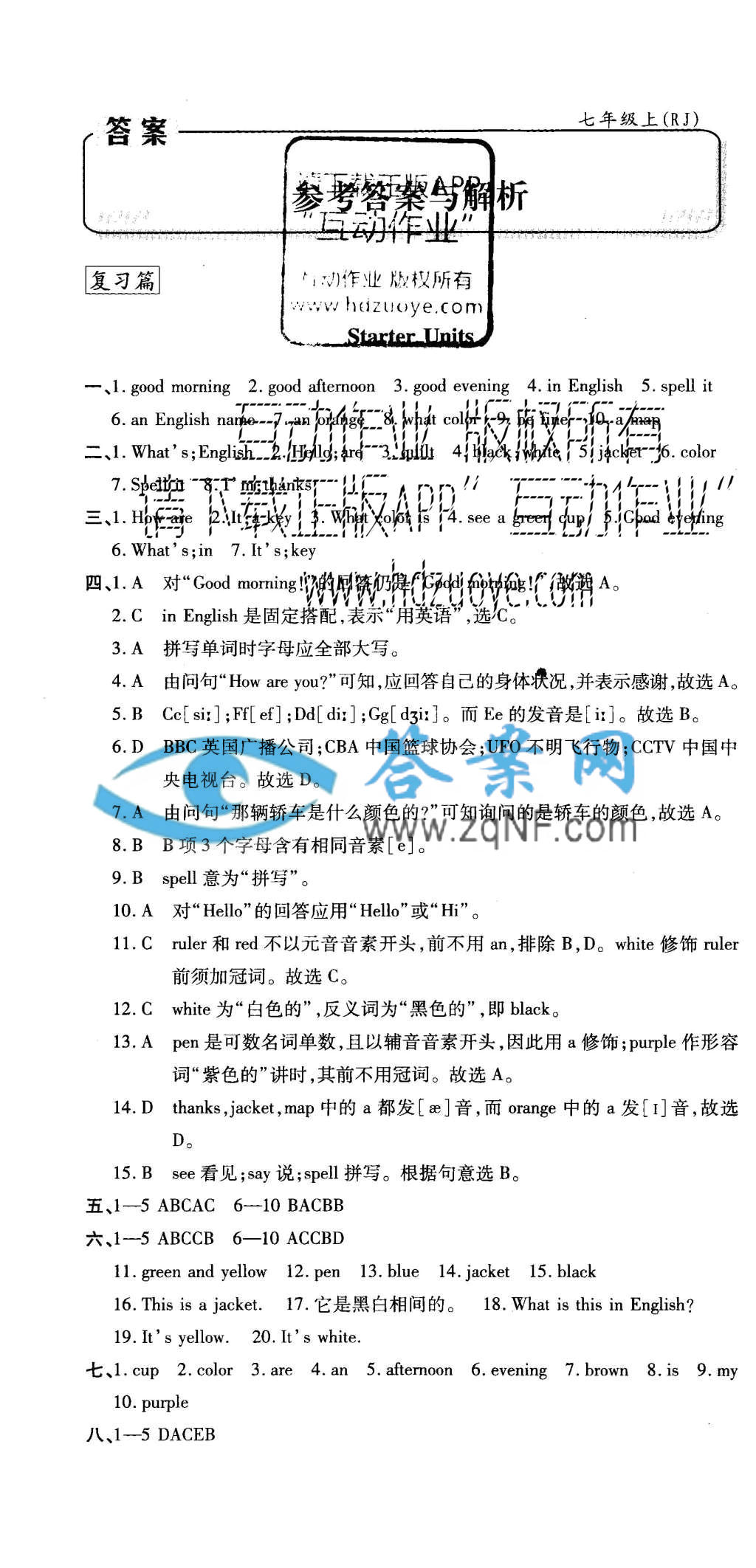 七年级英语上册人教版答案,作业,答案网